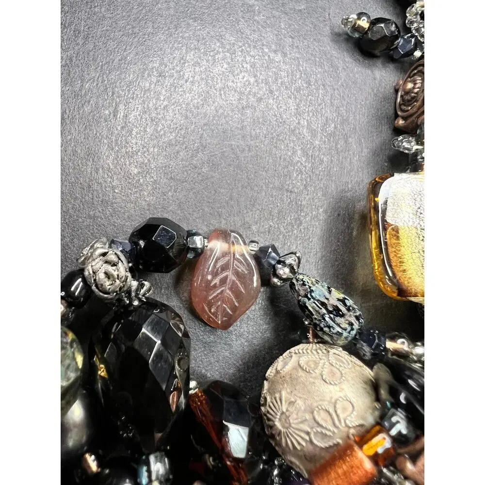 Artisan Copper Wire Necklace Glass Onyx Pyrite Amber Pearl 17”